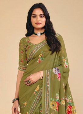 Digital Print Work Georgette Traditional Saree in Olive for Casual