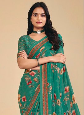Digital Print Work Georgette Traditional Saree in Sea Green for Women