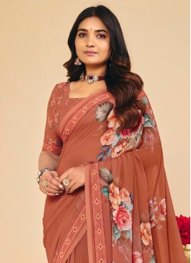 Digital Print Work Georgette Trendy Saree in Peach for Women
