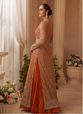 Orange Chinon Designer Gown with Embroidered Work for Party