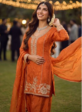 Chinon Punjabi Salwar Suit with Embroidered Work in Orange