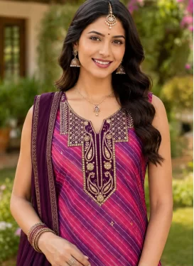 Rose Pink and Wine Georgette Readymade Salwar Suit with Embroidered Work for Ceremonial