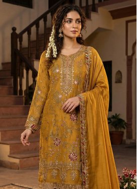 Chiffon Straight Suit with Embroidered Work for Ceremonial in Mustard