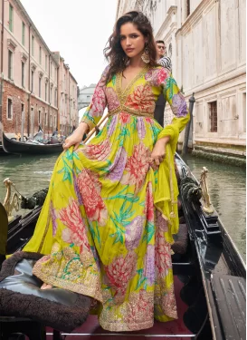 Digital Print Work Chinon Designer Gown in Aloe Veera Green for Women