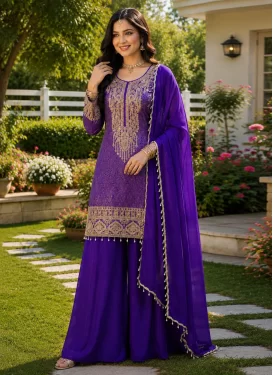 Jacquard Silk Palazzo Suit with Embroidered Work for Festival in Purple
