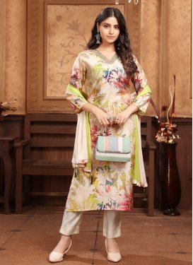 Digital Print Work Chanderi Silk Readymade Salwar Suit in Cream for Women