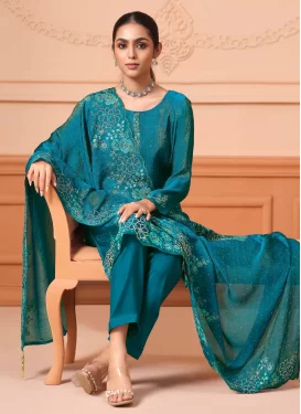 Embroidered Work Fancy Fabric Straight Suit in Teal for Women