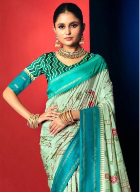 Silk Blend Traditional Saree with Digital Print Work for Festival in Sea Green and Teal