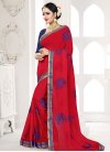 Navy Blue and Red Embroidered Work Contemporary Style Saree - 1
