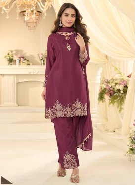 Chinon Readymade Salwar Suit with Cutdana Work in Maroon