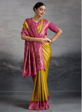 Kanjivaram Silk Traditional Saree with Woven Work in Mustard and Rose Pink