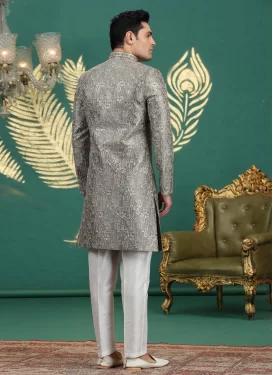 Embroidered Work Banarasi Silk Wedding Sherwani in Olive for Men