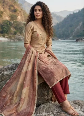 Cotton Silk Straight Suit with Cutdana Work in Beige and Rust