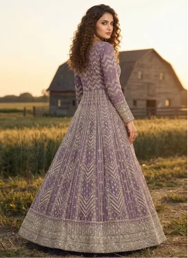 Georgette Anarkali Suit with Embroidered Work for Festival in Violet