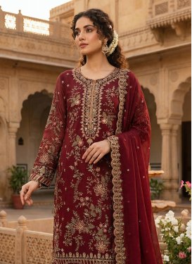 Chiffon Straight Suit with Embroidered Work for Ceremonial in Red