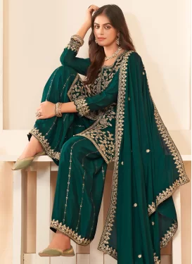 Green Chinon Embroidered Work Palazzo Suit for Women
