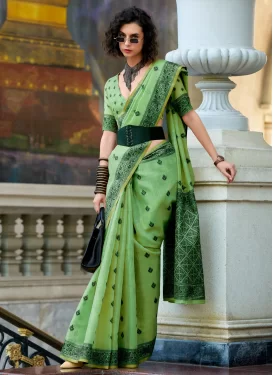 Woven Work Linen Traditional Saree in Mint Green for Festival