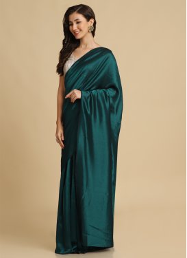 Fancy Work Satin Silk Trendy Saree in Teal for Women