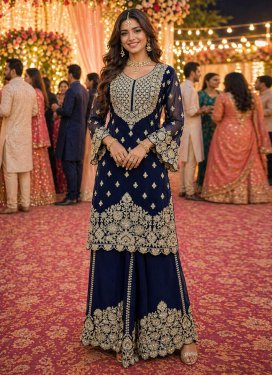 Embroidered Work Georgette Palazzo Suit in Navy Blue for Women
