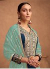 Embroidered Work Navy Blue and Turquoise Pant Style Straight Salwar Kameez - 1