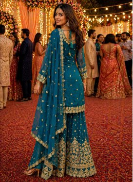 Georgette Palazzo Suit with Embroidered Work in Teal
