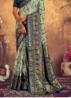 Navy Blue and Turquoise Digital Print Work Traditional Designer Saree - 1