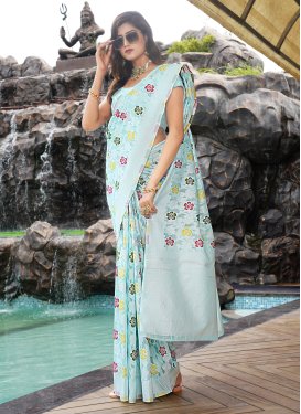 Aqua Blue Art Silk Woven Work Trendy Saree for Women