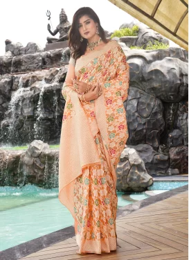 Art Silk Traditional Saree with Woven Work in Peach