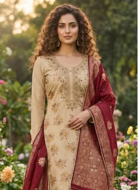 Digital Print Work Chanderi Silk Straight Suit in Cream for Ceremonial