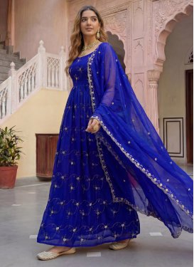 Blue Fendi Silk Embroidered Work Anarkali Suit for Women