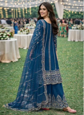 Chinon Palazzo Suit in Navy Blue with Embroidered Work for Women