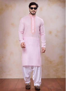 Cotton Silk Kurta Pajama in Pink and White with Embroidered Work for Festival