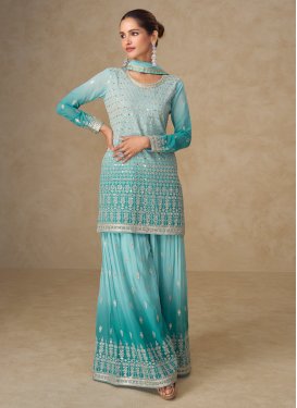Georgette Palazzo Suit with Embroidered Work in Turquoise