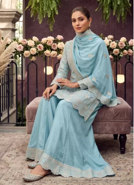 Chinon Palazzo Suit with Embroidered Work for Women in Light Blue