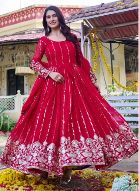 Embroidered Work Designer Gown For Festival in Rose Pink