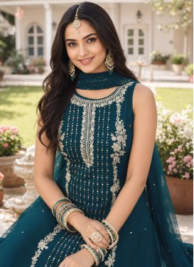 Georgette Readymade Salwar Suit with Embroidered Work for Festival in Teal