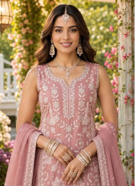 Chiffon Sharara Suit with Embroidered Work in Salmon