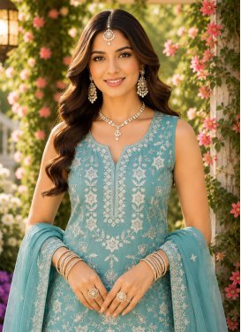 Chiffon Sharara Suit in Turquoise with Embroidered Work for Festival