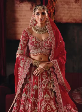 Embroidered Work Silk Readymade Lehenga Choli in Red for Bridal