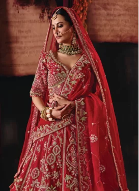 Embroidered Work Silk Readymade Lehenga Choli in Red for Women