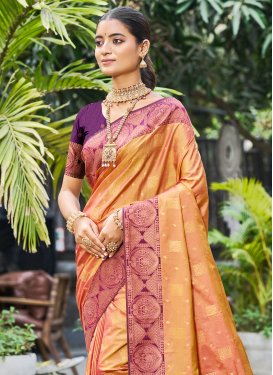 Woven Work Trendy Saree For Ceremonial in Peach and Purple