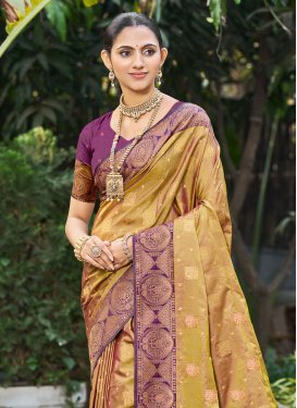 Gold Silk Blend Woven Work Traditional Saree for Women