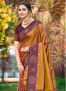 Silk Blend Classic Saree with Woven Work for Party in Gold and Wine