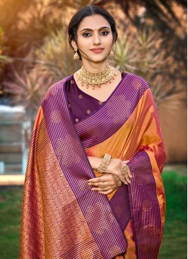 Woven Work Silk Blend Traditional Saree in Orange and Purple for Festival