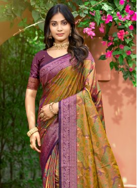 Silk Blend Trendy Saree with Woven Work in Mustard for Ceremonial