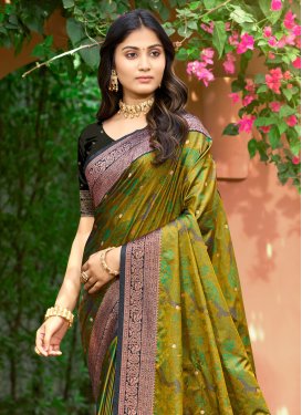 Woven Work Silk Blend Classic Saree in Olive for Women