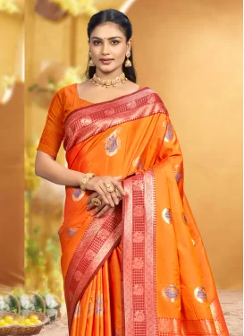 Art Silk Trendy Saree in Orange with Woven Work for Women