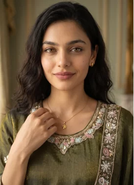 Tissue Palazzo Suit in Olive with Embroidered Work for Party
