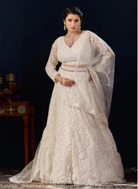 Beads Work Net Designer Lehenga Choli in Off White for Women