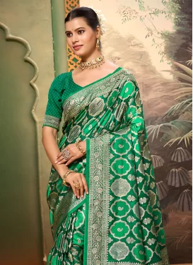 Satin Silk Woven Work Classic Saree in Green
